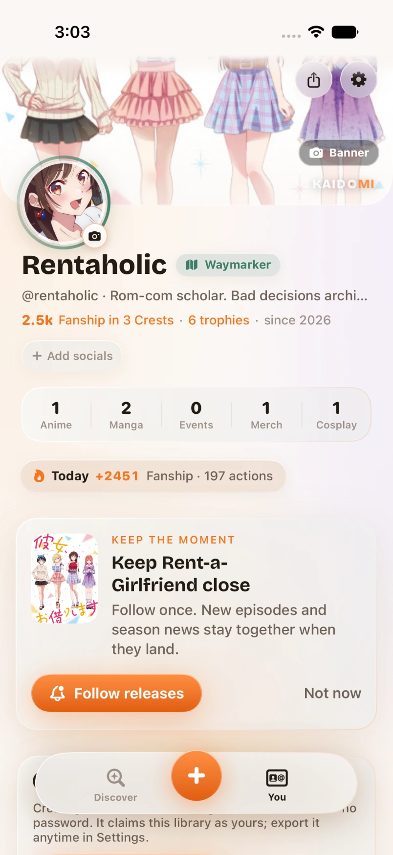 Fan identity and collections in the current Kaidomi iPhone beta